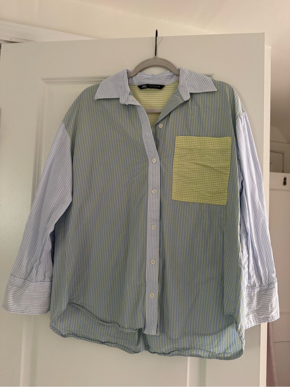 Oversized Mixed-Stripe Button-Down Shirt in Light Blue and Yellow-Green